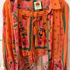 FARM Rio Women's Vibrant Orange Floral Button Down Shirt and Shorts